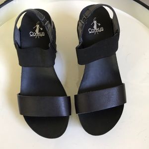 Corkys Black Platform Sandal Wedge 7